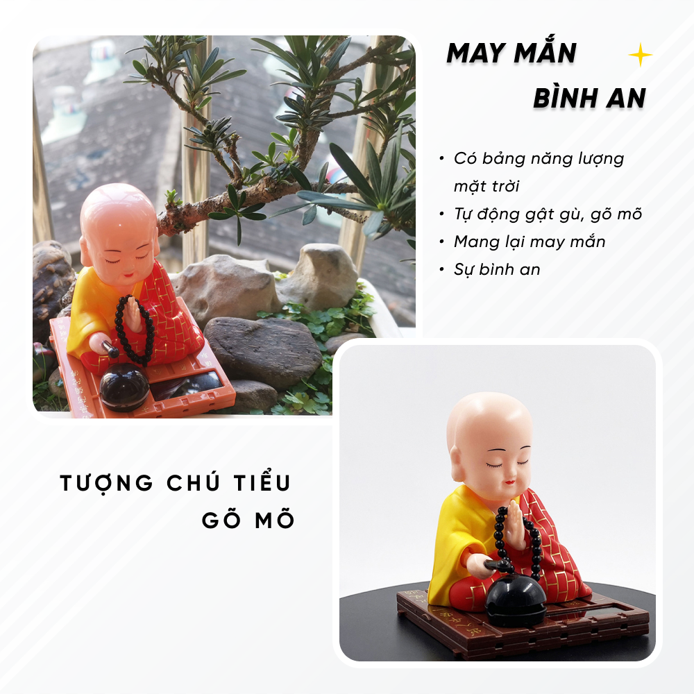 Tượng Chú Tiểu Gõ Mõ Dễ Thương Sử Dụng Năng Lượng Mặt Trời - Ảnh 3